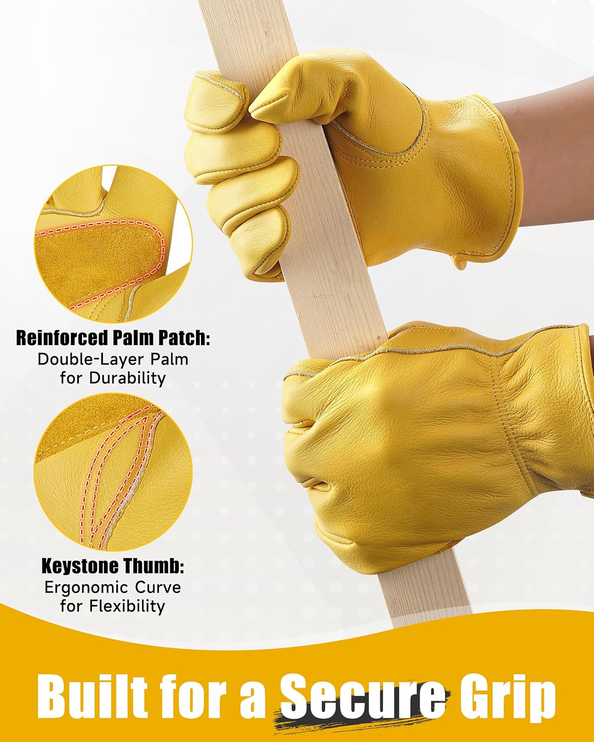 Detalle de DULFINE Cowhide Leather Gardening Work Gloves, Reinforced Palm, 1.2 mm Leather