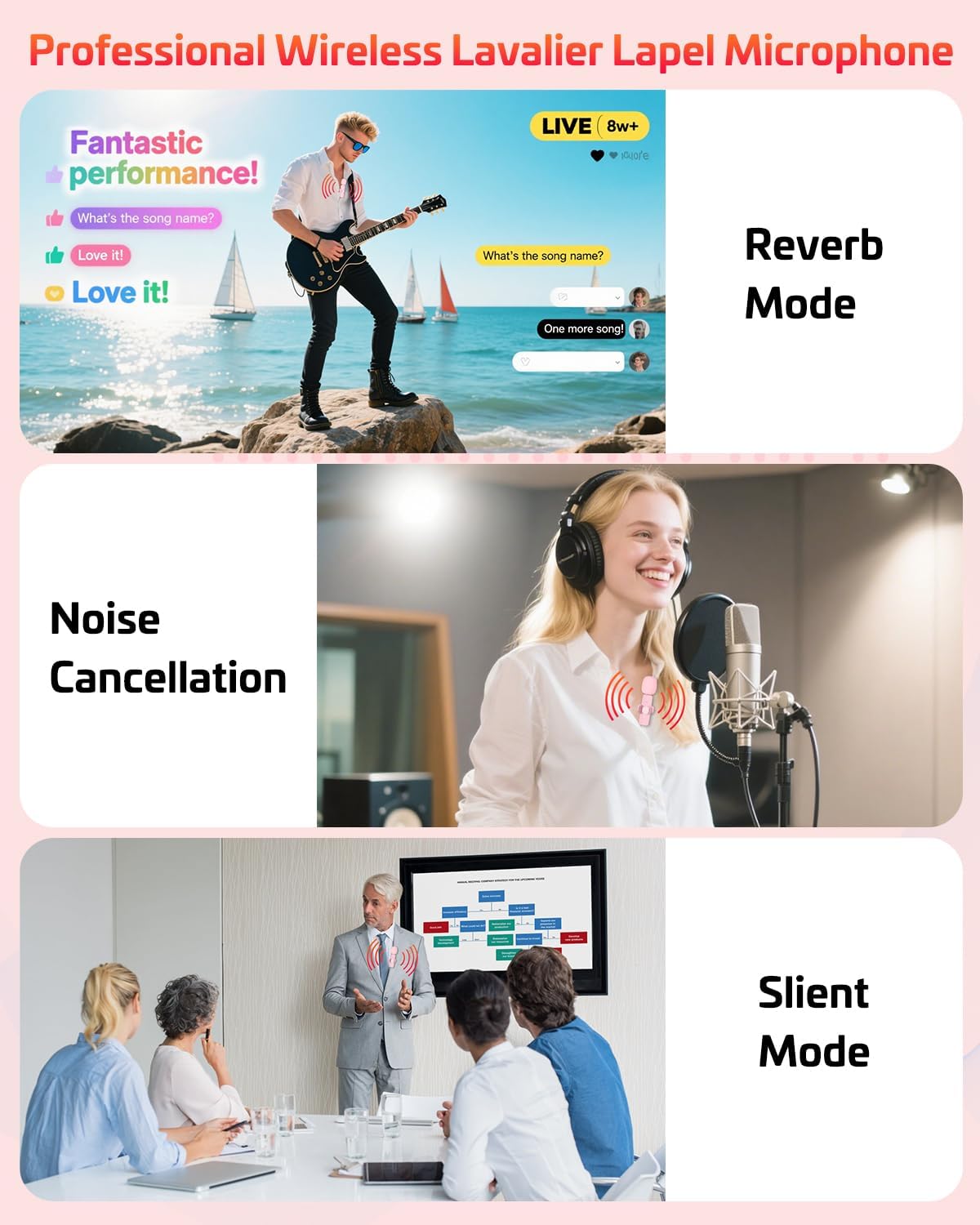 Detalle 2 de HONGJIEYUAN Pink Wireless Lavalier Microphone for iPhone & Android