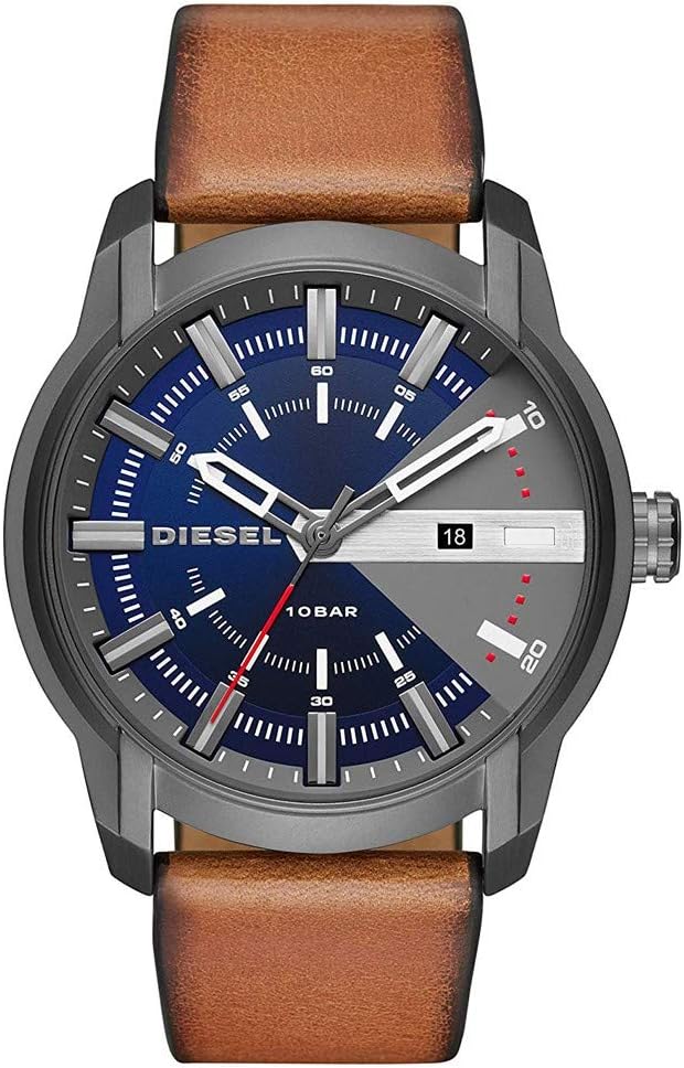 Detalle de Diesel Armbar Watch pour homme — montre quartz à affichage analogique à 3 aiguilles avec bracelet cuir marron foncé