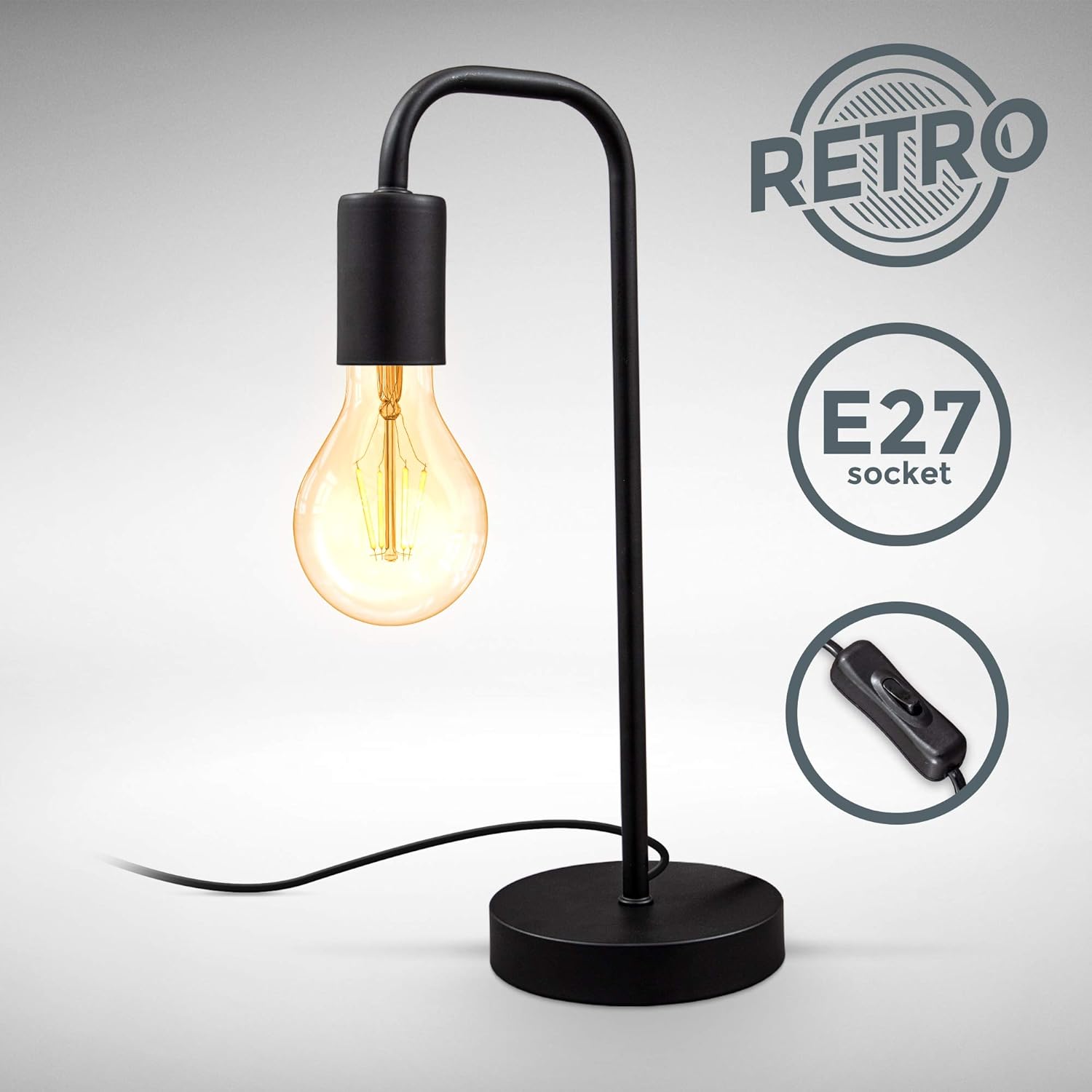 Detalle 2 de B.K.Licht Lámpara de Mesa Retro 📖 E27, Metal, Negro
