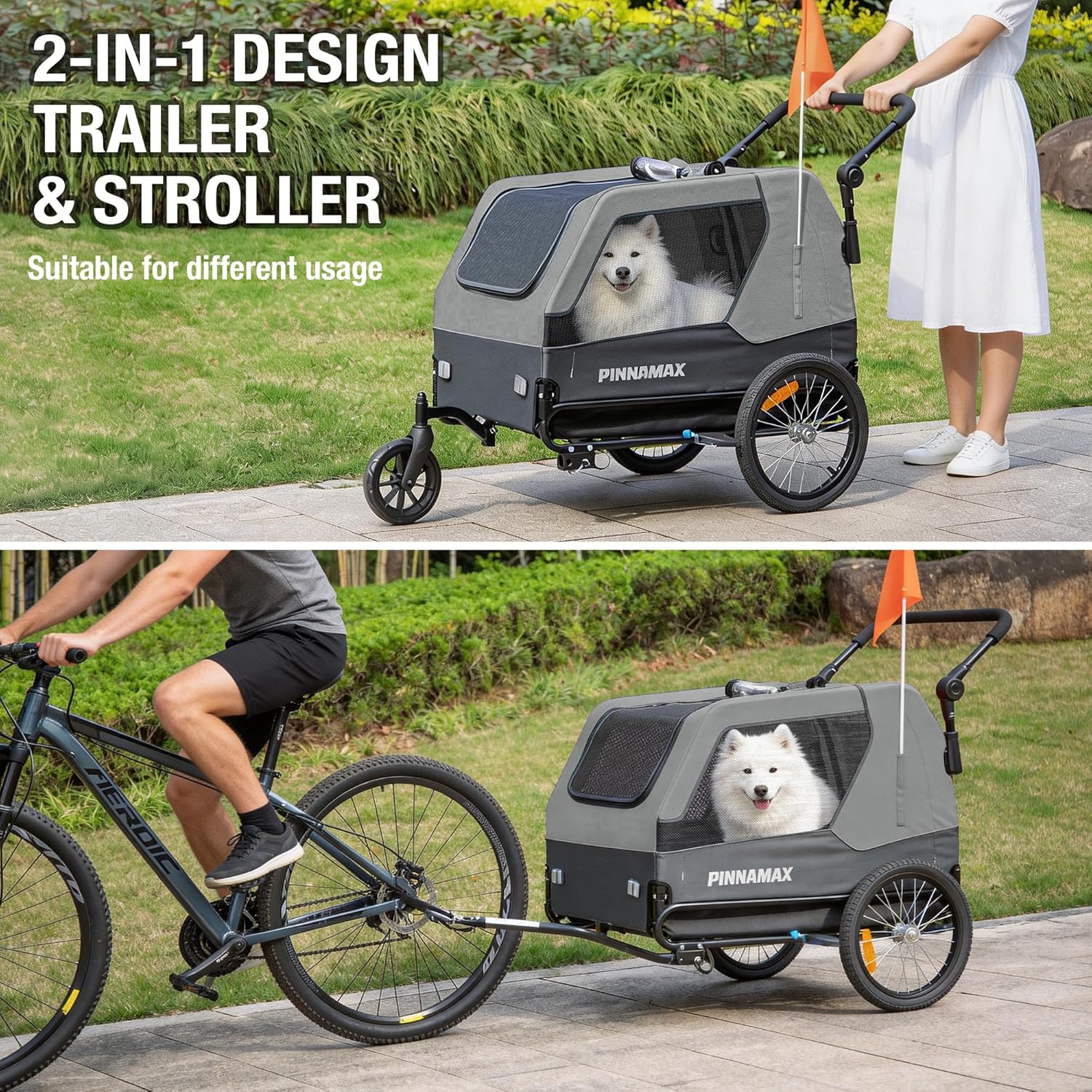 Detalle de PINNAMAX Hundeanhänger für Fahrräder – 2-in-1 Haustierbuggy und Fahrradanhänger bis 45 kg