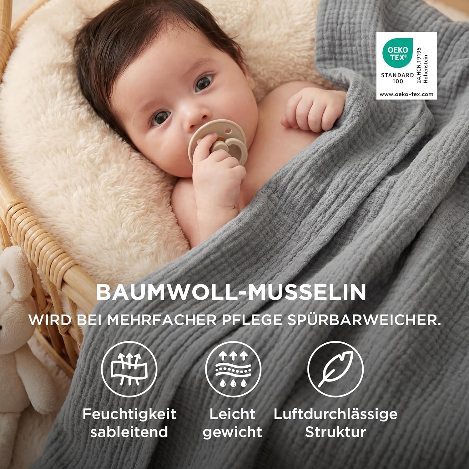 Detalle de BEDSURE Musselin-Decke 100% Baumwolle 150x200 cm – Weiche Gazedecke für Couch, Sommerdecke, Grau