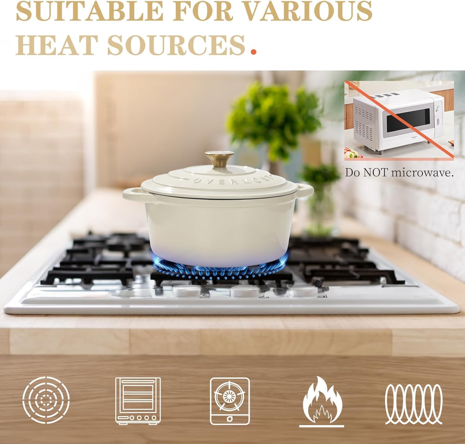 Thumbnail 6 de Overmont 26cm Enamelled Cast Iron Round Casserole Pot with Lid – 5.2L Cream White