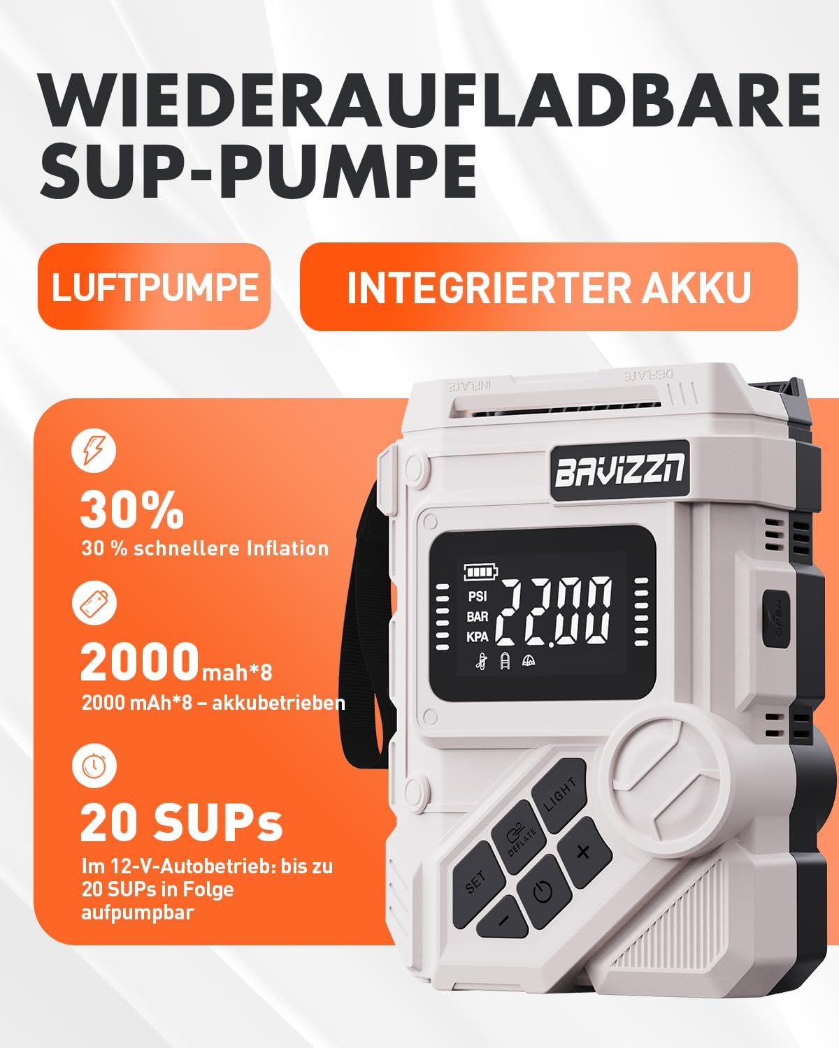 Thumbnail 6 de BAVIZZN 22PSI Elektrische SUP Pumpe mit Akku 12VDC – kompakte Allround-Pumpe für Paddleboard, Boote und Kajaks