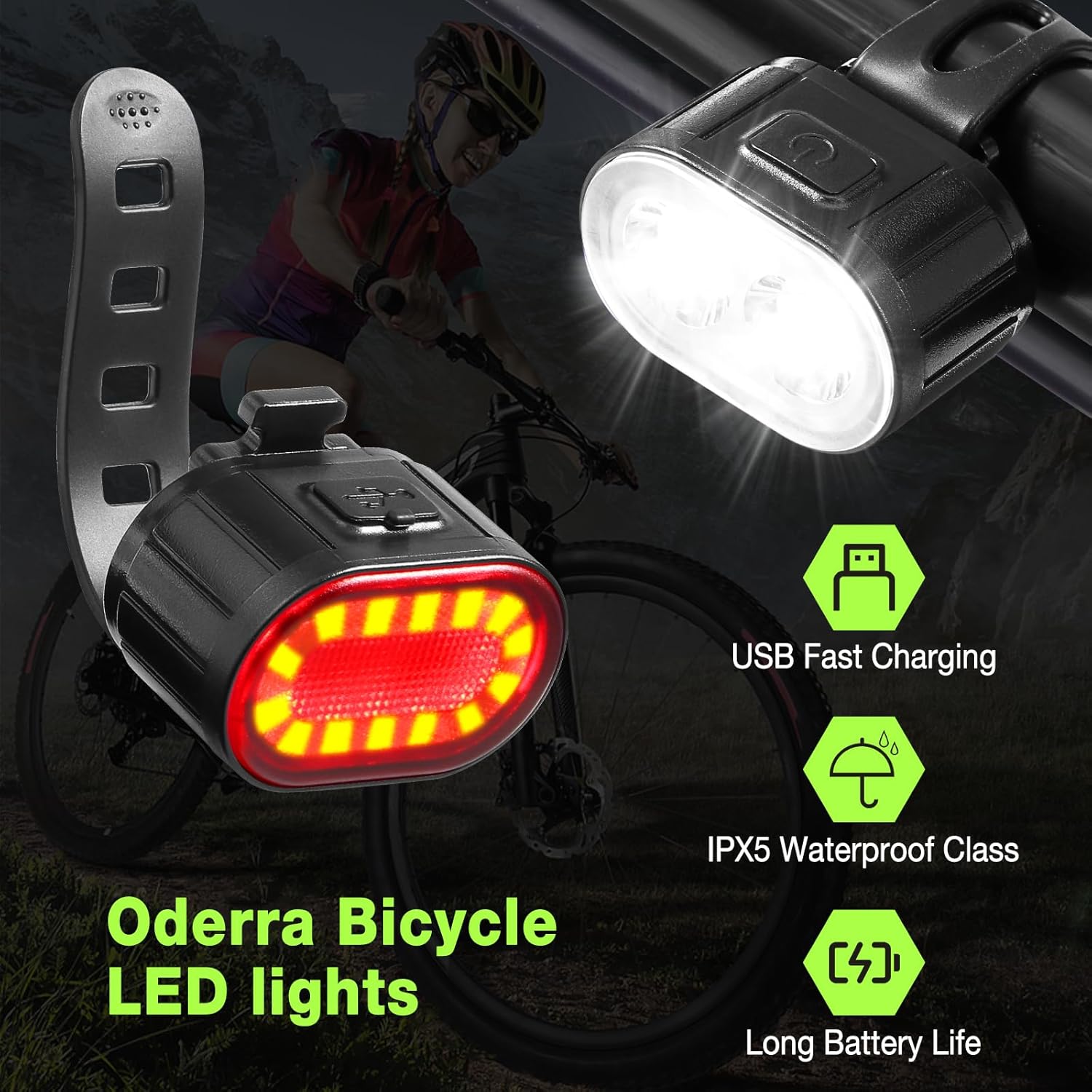 Detalle de Oderra Luces Bicicleta LED Delantera y Trasera 10/12h