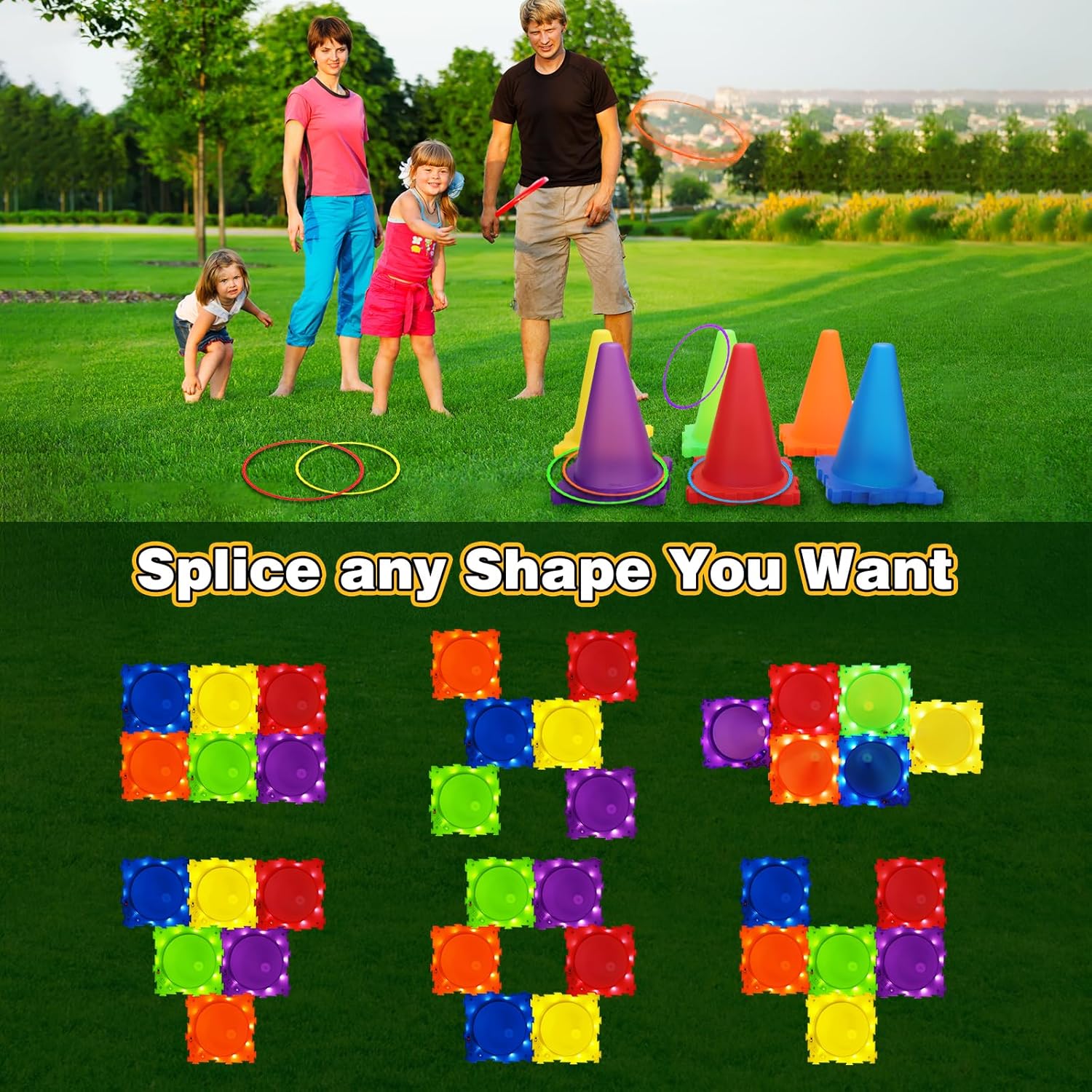 Thumbnail 5 de CLEMAS 35-teiliges 5-in-1 Light Up Wurfspiele-Set mit LED, Cornhole, Ringwurf und Eierlaufen