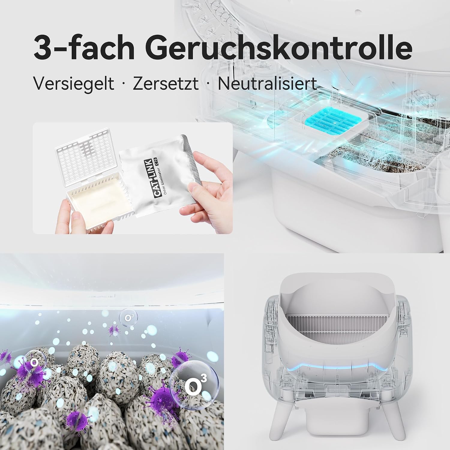 Detalle de CATLINK Selbstreinigende Katzentoilette XXL mit offenem Top-Design, 5 GHz WLAN & 12L Großvolumen (Grau)