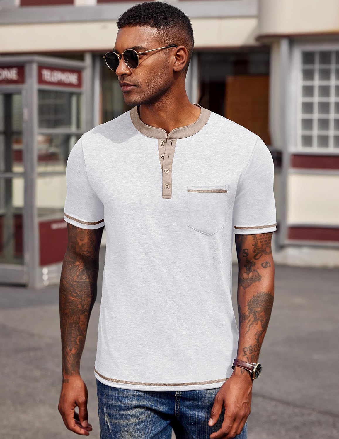 Detalle de COOFANDY Chemise Henley à Manches Courtes pour Homme avec Poche – T-shirt estival décontracté