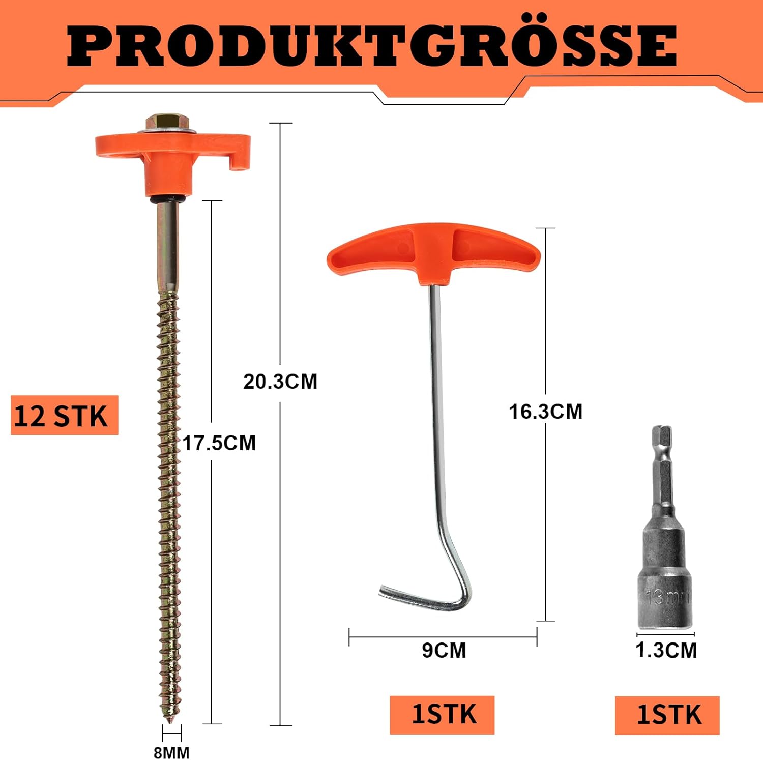 Thumbnail 1 de DHGKVK 12x Zeltheringe mit Gewinde – Drehbare Zeltheringe, inkl. Adapter für Akkuschrauber (Orange, 12 Stück)