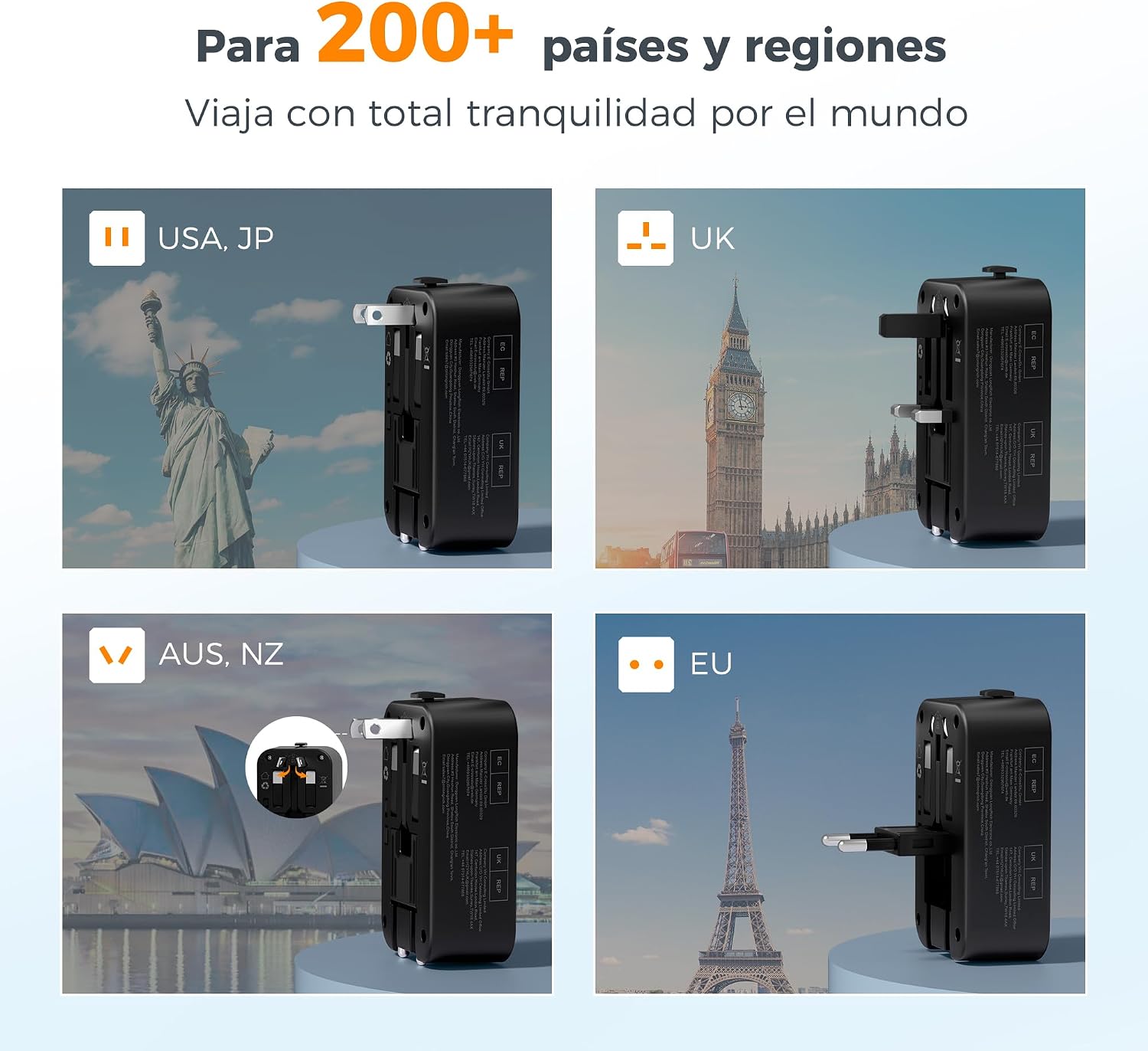 Detalle 2 de TESSAN adaptador de enchufe universal de viaje con 1 USB A y 2 USB-C (plano y compacto)