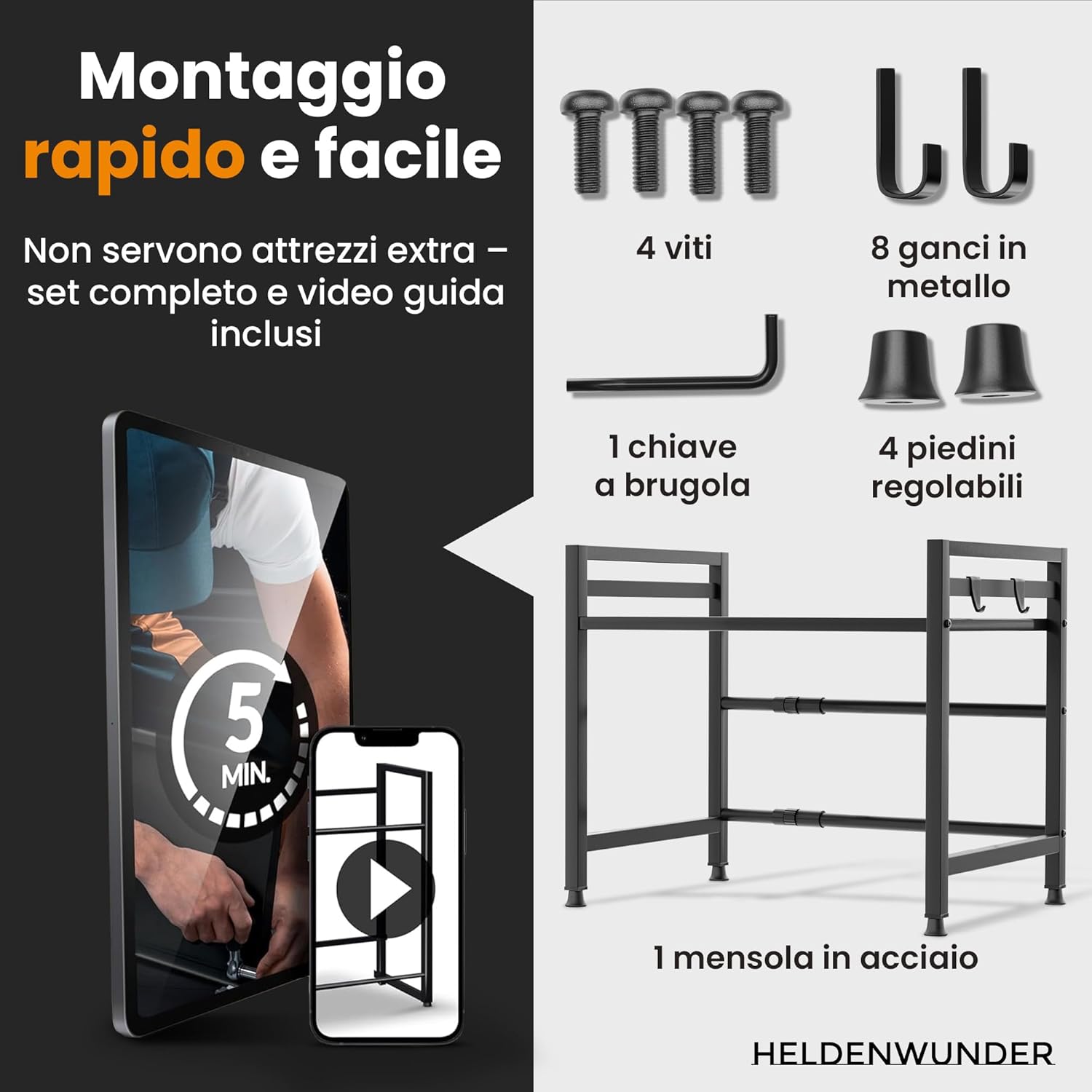 Thumbnail 6 de Heldenwunder Mensola mobile per cucina salvaspazio in acciaio con 3 ripiani, supporto microonde regolabile e ganci - nero