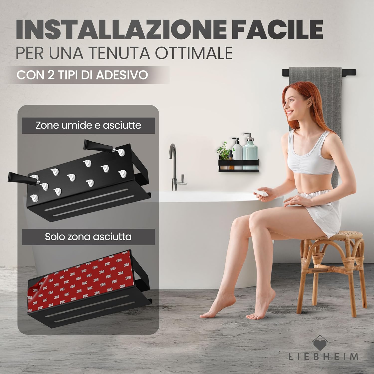 Thumbnail 4 de LIEBHEIM porta sapone da doccia con mensola adesiva in alluminio nero