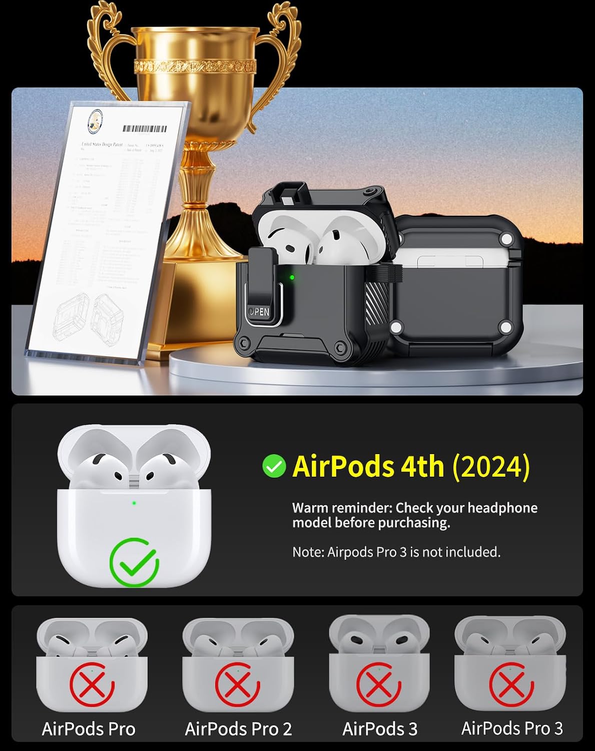 Thumbnail 1 de Pohgelan AirPods 4 Case with Safety Lock - Black (MagSafe Compatible)