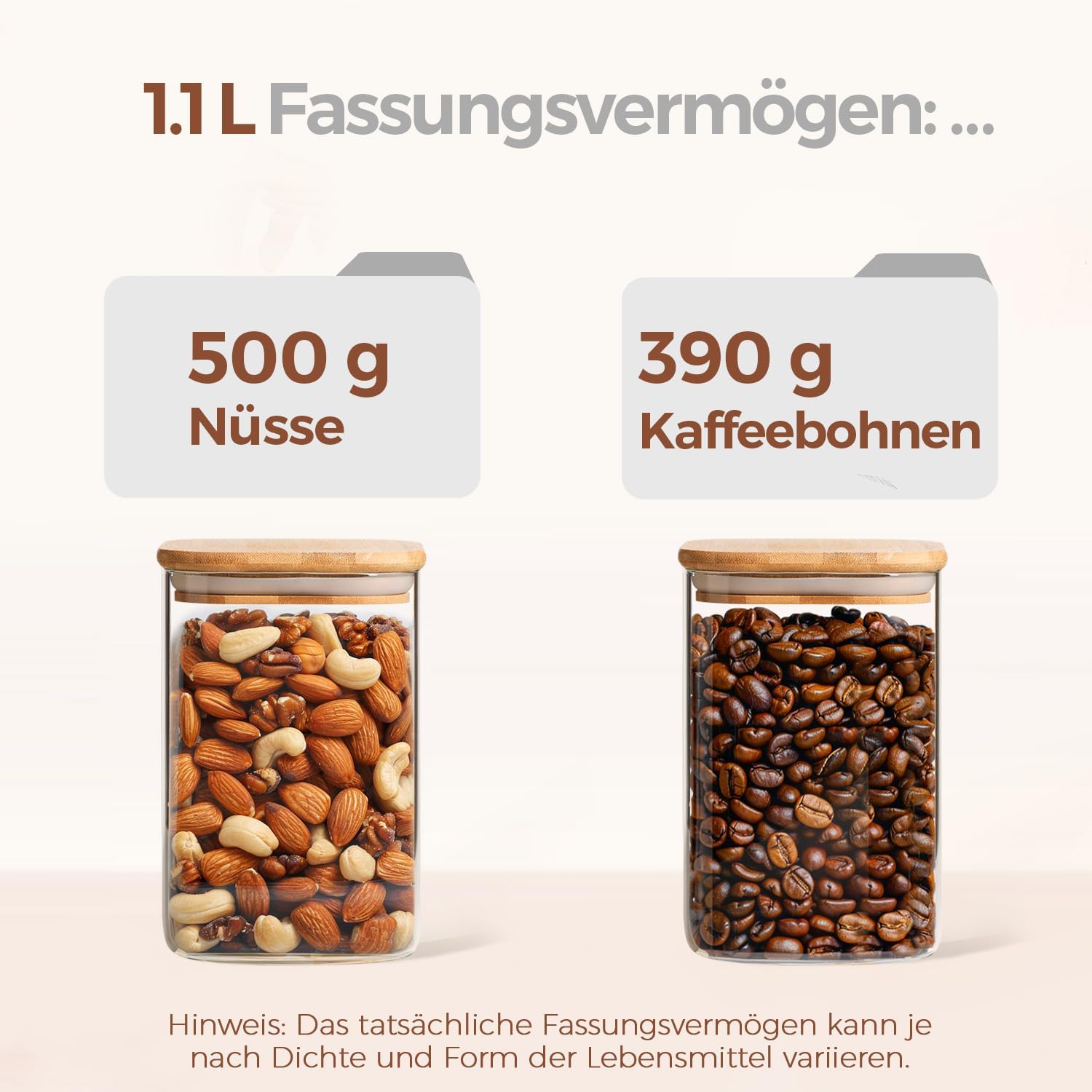 Detalle de ComSaf Vorratsgläser 1,1 L × 4er Set mit Deckel – quadratische Glasbehälter aus Borosilikat mit Bambusdeckel