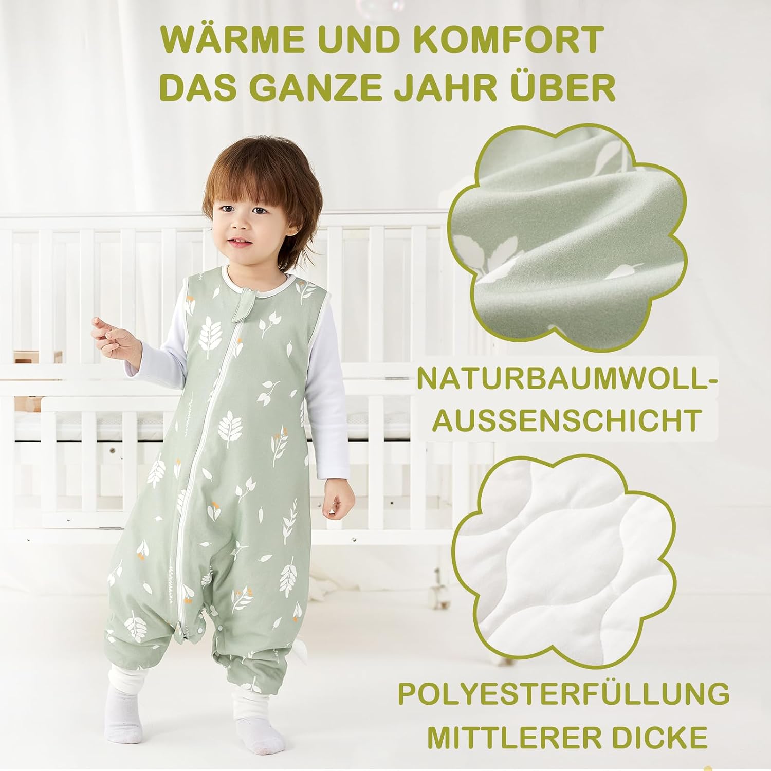 Detalle 2 de Nivolltha 1,5 TOG Babyschlafsack mit Füßen aus 100 % Baumwolle – Ganzjahres-Schlafsack in Größe L