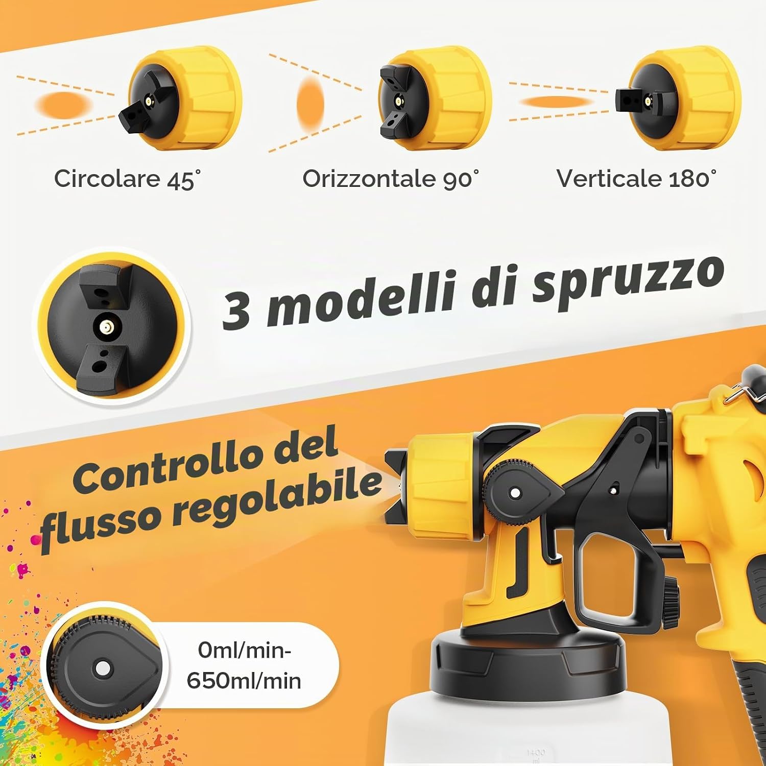 Detalle de Spruzzatore per vernice 850 W HVLP con 1400 ml, 4 ugelli e 3 modalità: versatilità per pareti, mobili e recinzioni