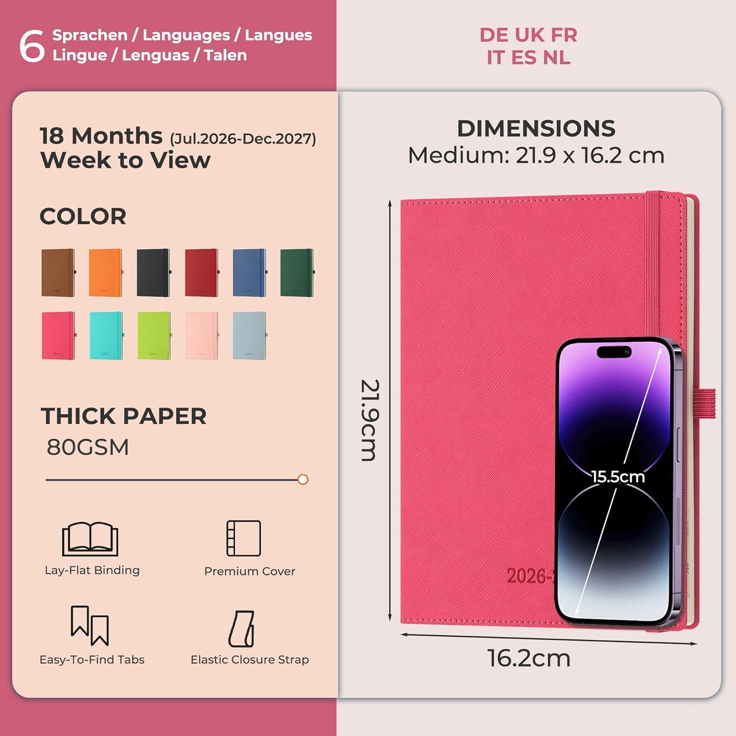 Detalle de IN-LUXPRO Academic Diary 2026-2027: A5 Week to View, Rose Red PU Leather