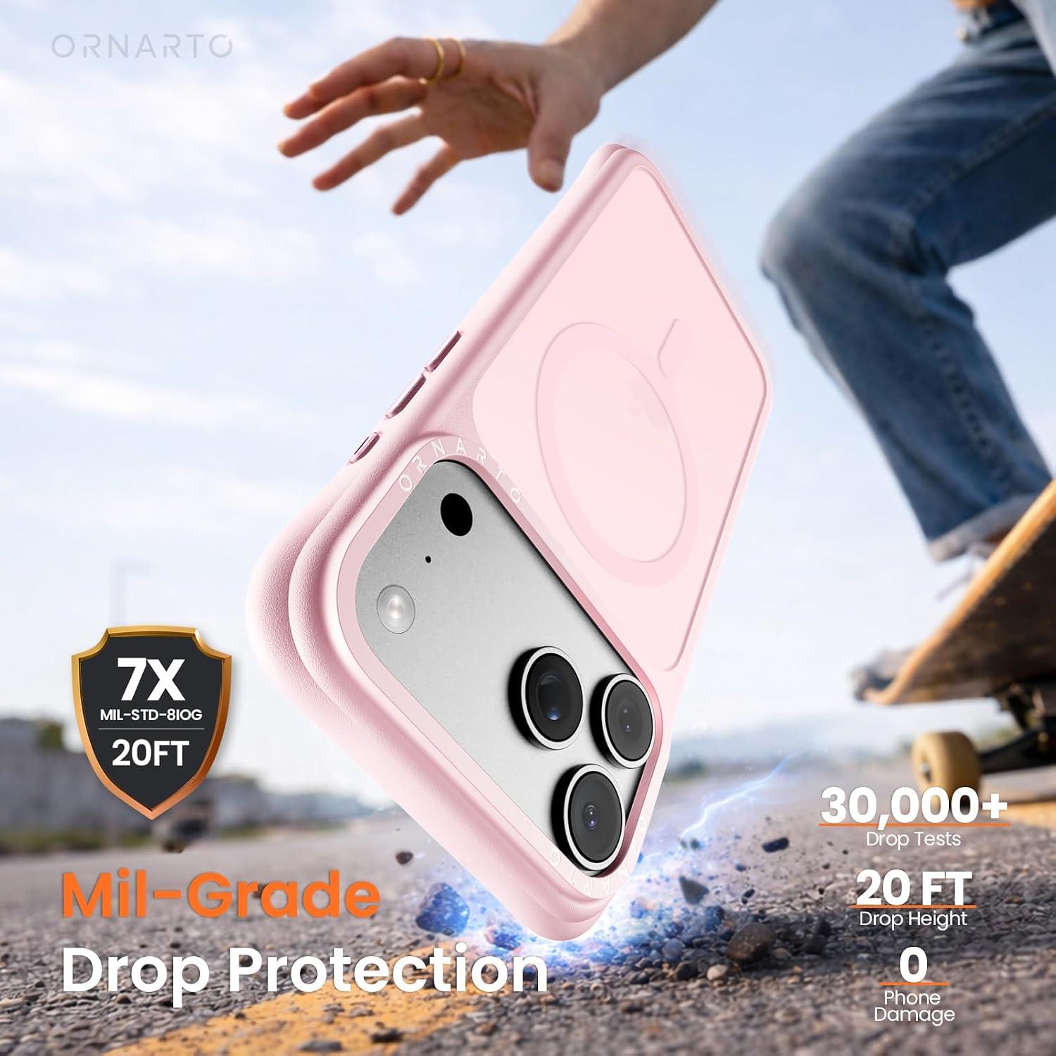 Detalle de ORNARTO Magnetic Case for iPhone 17 Pro Max – 20FT Military-Grade Protection, MagSafe Compatible, Chalk Pink