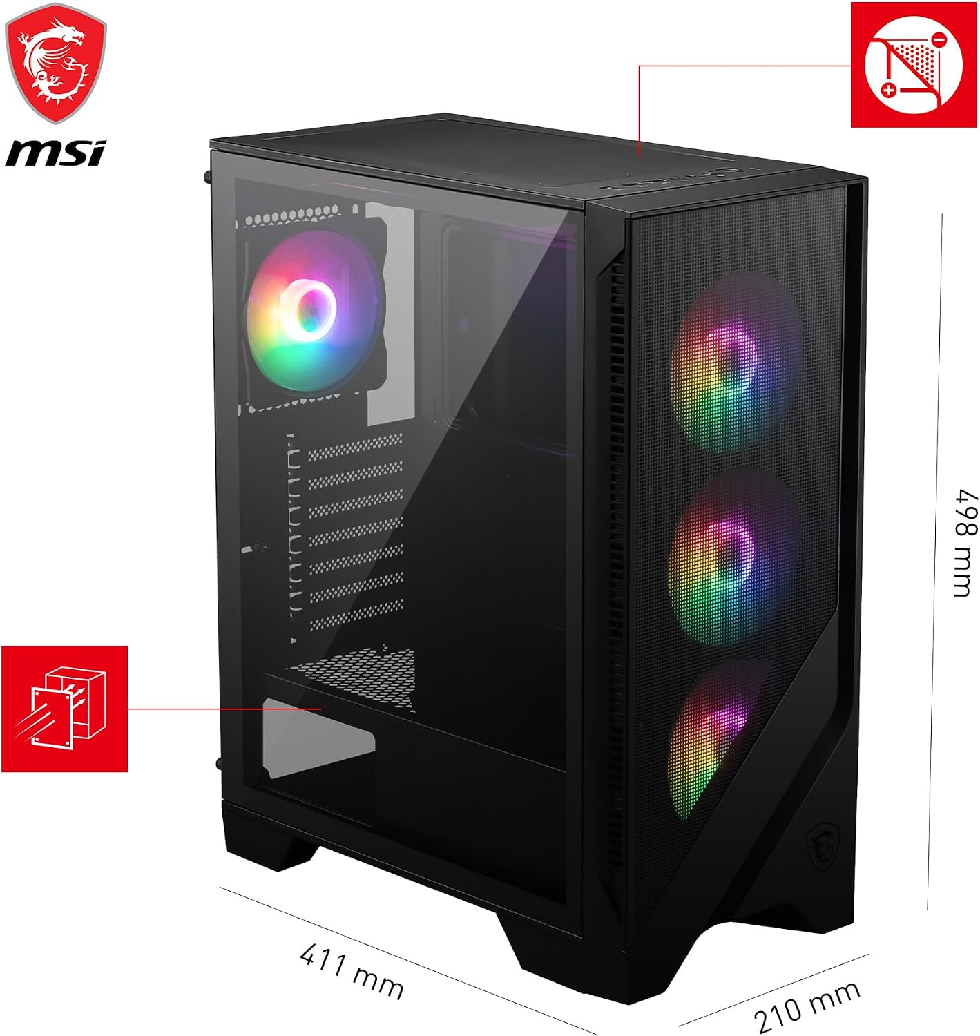 Detalle de MSI MAG Forge 120A Airflow – Case mid tower ATX con 6 ventole Auto-RGB da 120 mm e vetro temperato