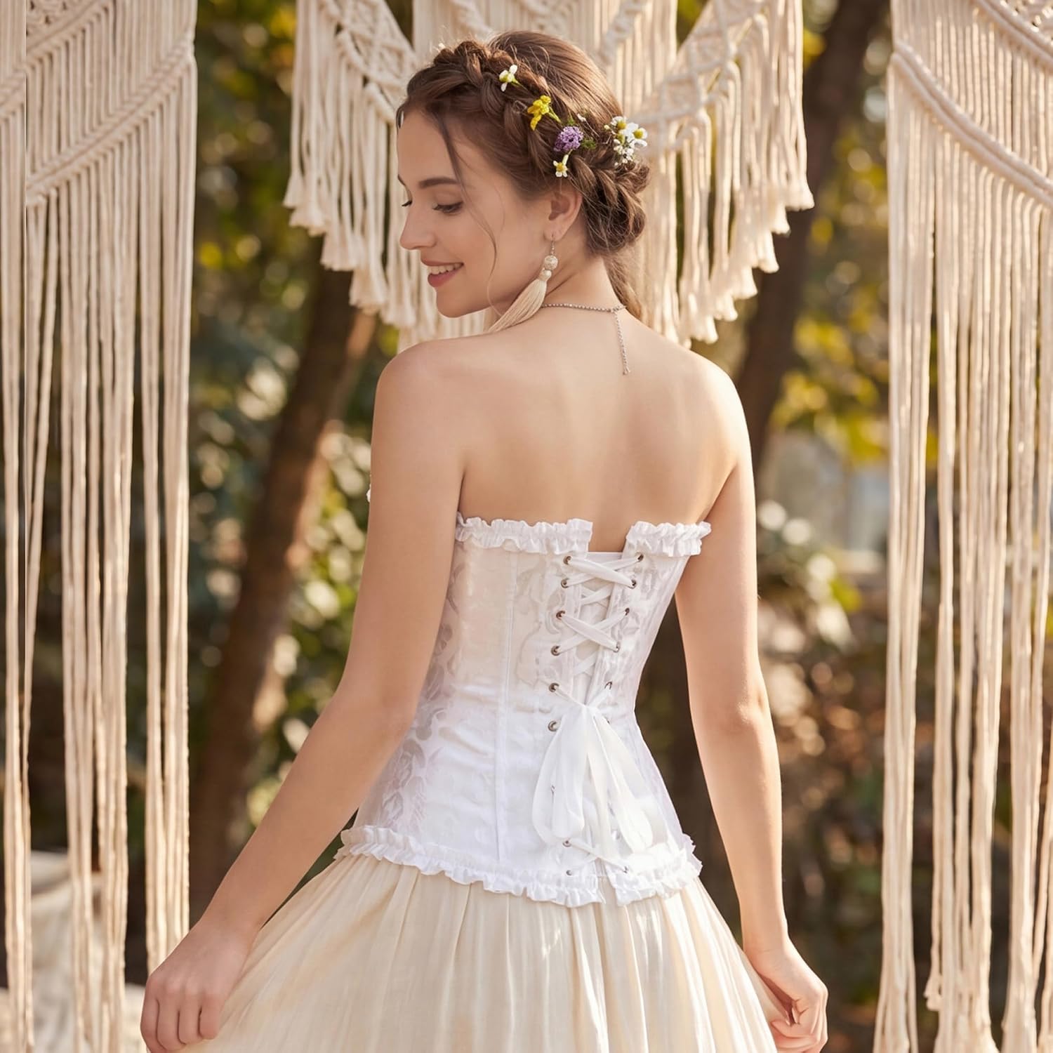 Detalle de Zhitunemi Victorian Overbust Corset Top, Floral Brocade with Lace-Up Back