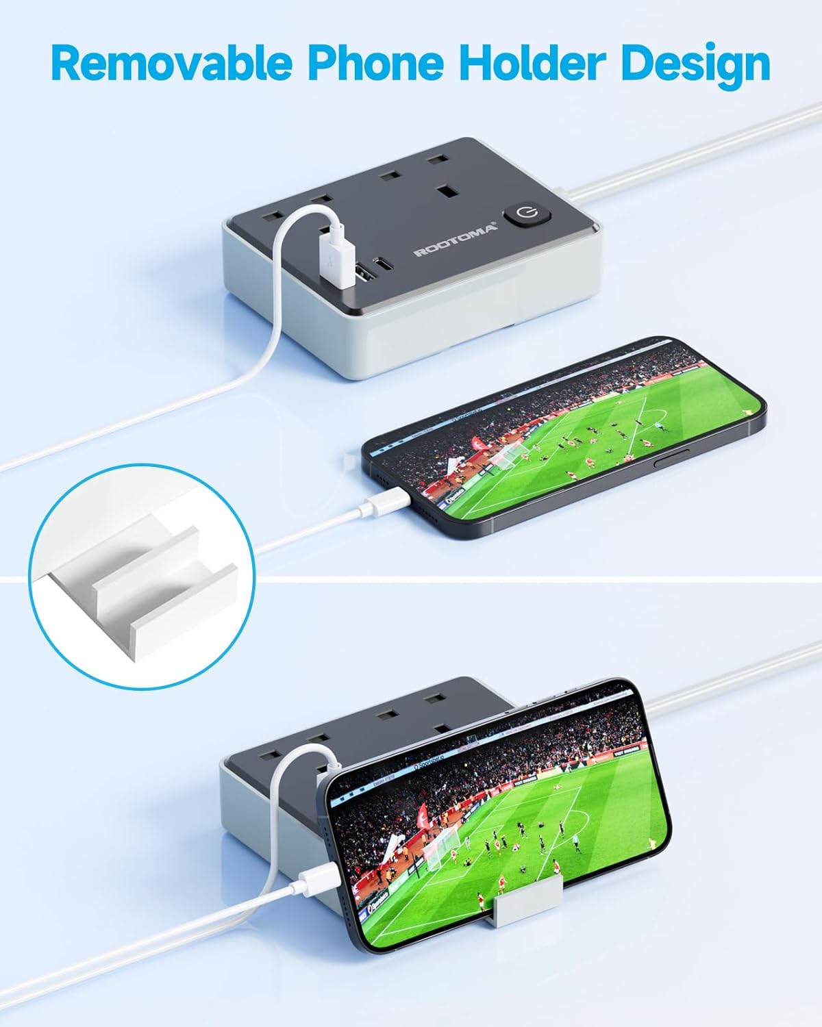 Detalle 2 de Black Extension Lead 1M with 3 USB Slots (1 USB-C) – 2-Gang Short Power Strip with Surge Protection