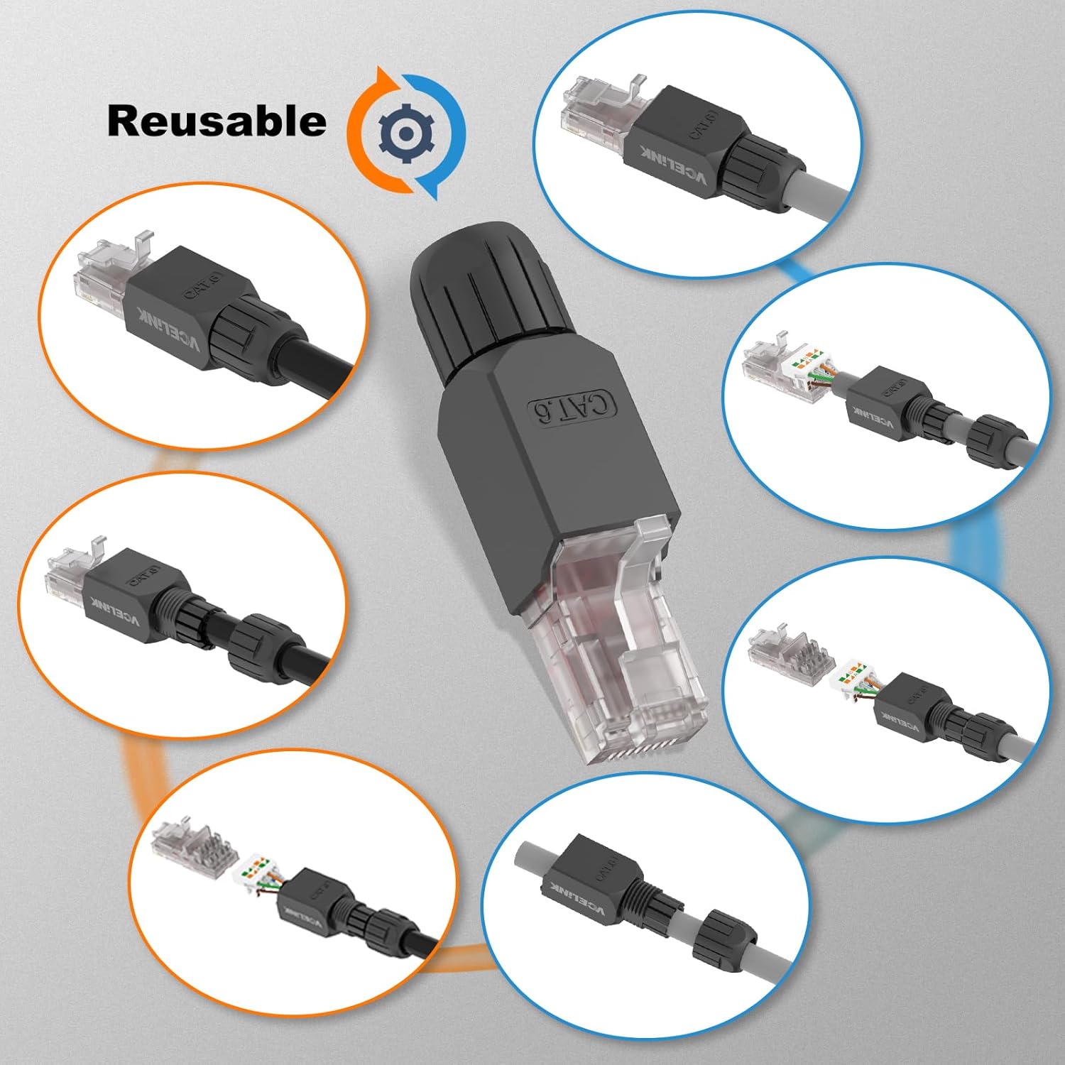 Thumbnail 5 de VCELINK Cat6 Tool-Free RJ45 Connectors (4-Pack) – 1000 Mbps, 250 MHz, Gold-Plated