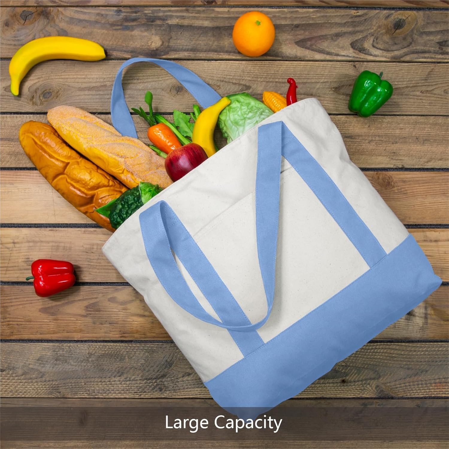 Thumbnail 3 de TOPDesign 30-Pack Canvas Tote Bags with Exterior Pocket – Reusable Grocery Bags (Light Blue/Natural)