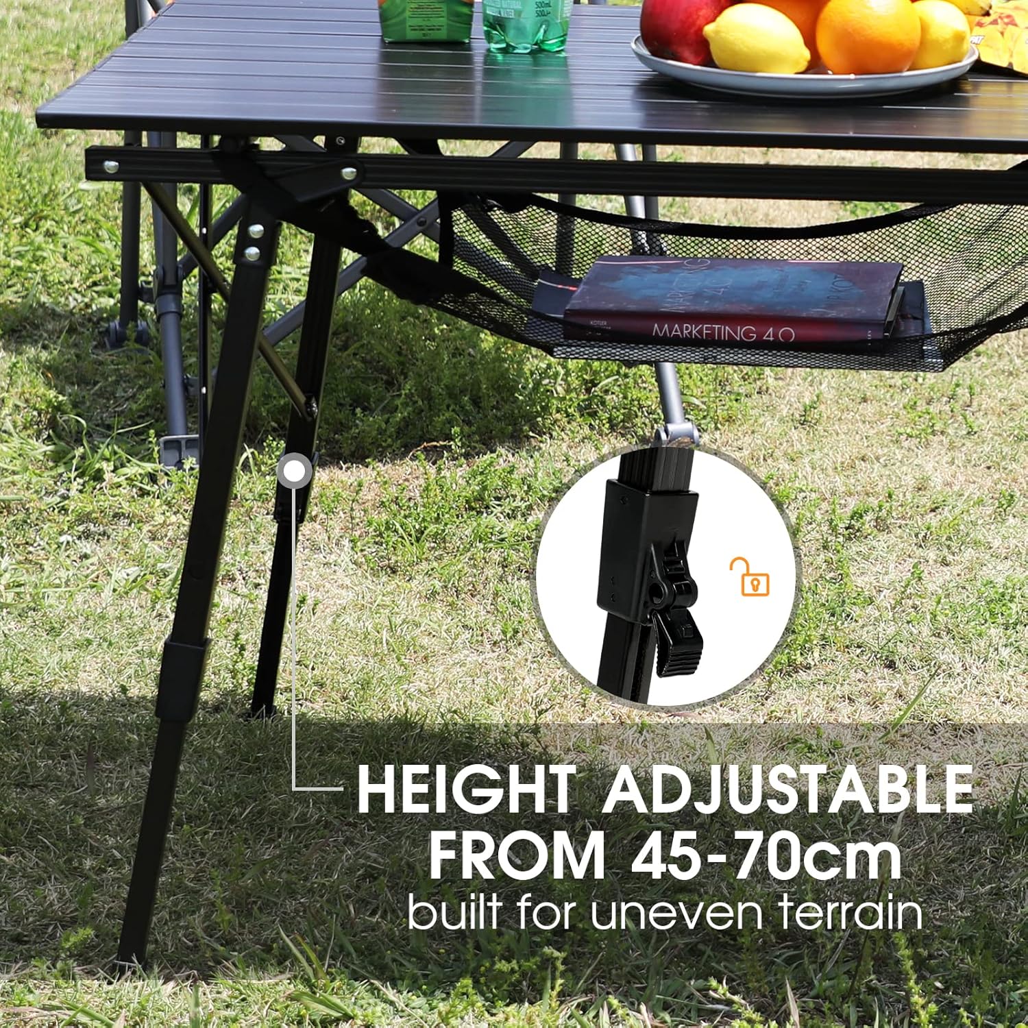 Detalle de Portal faltbarer Campingtisch mit höhenverstellbaren 4 Beinen (Aluminium) 90 x 53 cm für bis zu 4 Personen