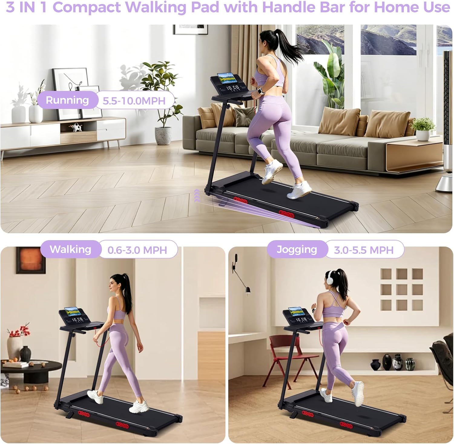 Detalle 2 de SUOUER 380TM-JKZ Compact Walking Pad Treadmill with Handlebar, Incline and LED Display