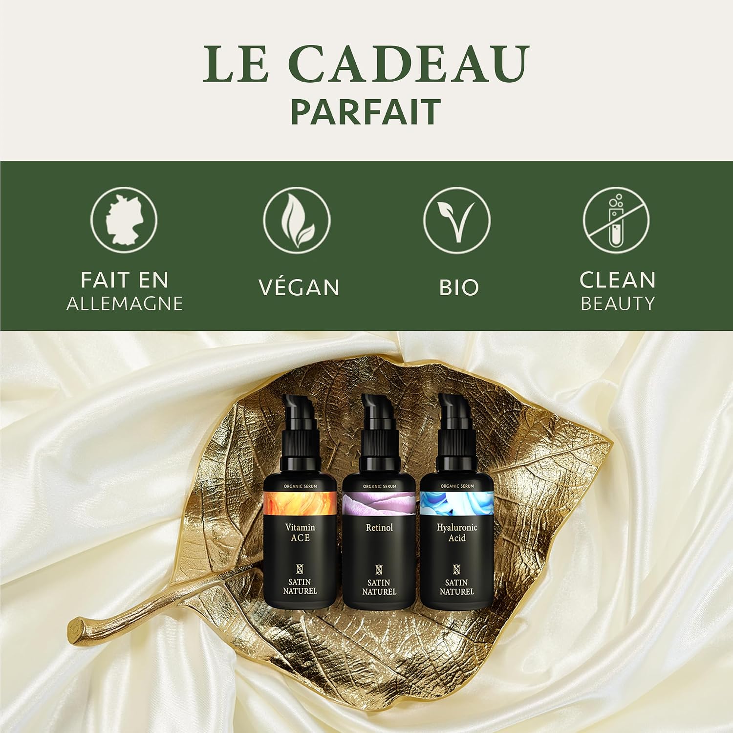 Thumbnail 1 de Satin Naturel Coffret Cadeau Premium pour Femme – 3x30 ml Sérums Visage Vegan (Acide Hyaluronique, Rétinol, Vitamines ACE)