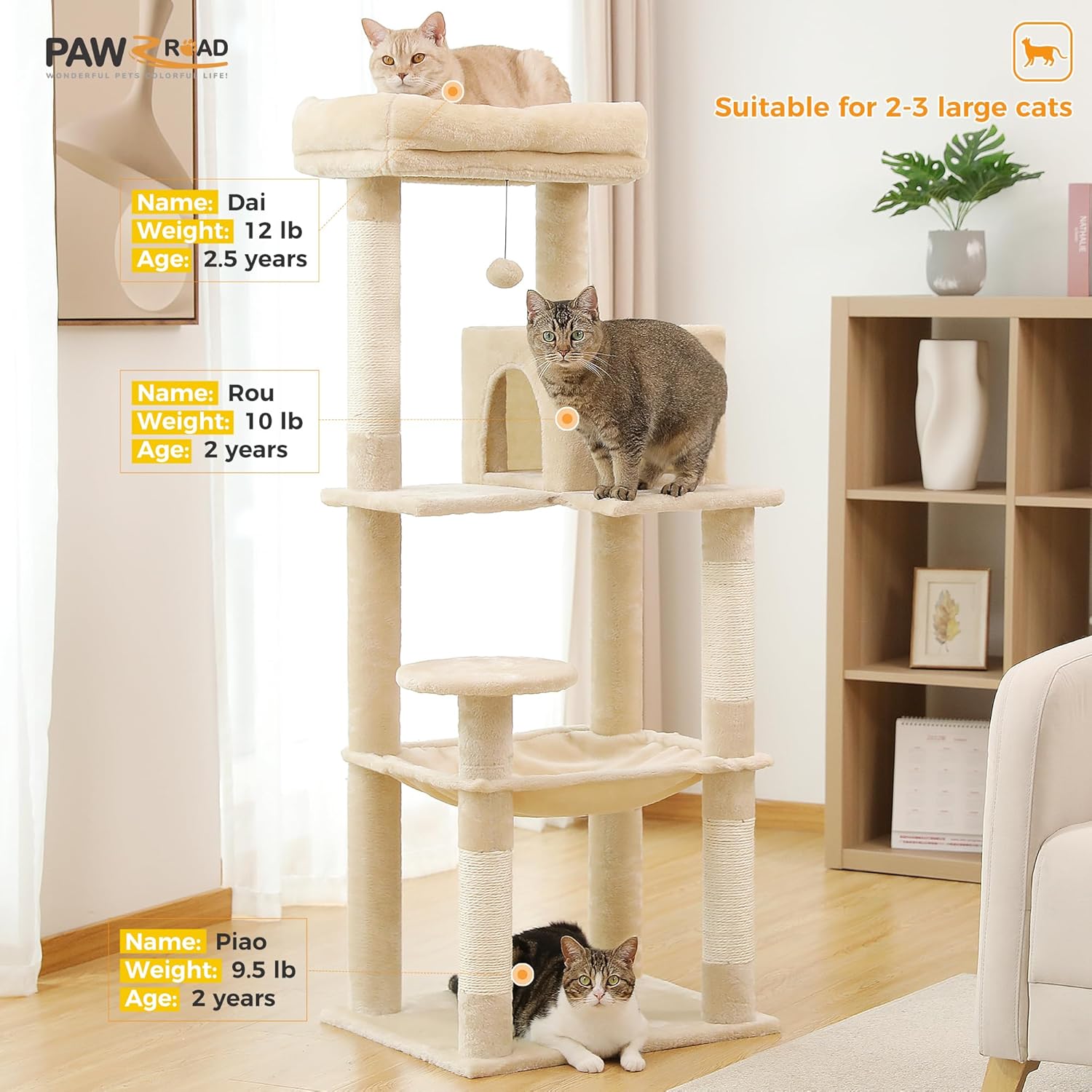 Thumbnail 2 de PAWZ Road Katzenbaum mit Hängematte, 6-stufigem Kratzturm und großer Sitzstange (beige, 143 cm)