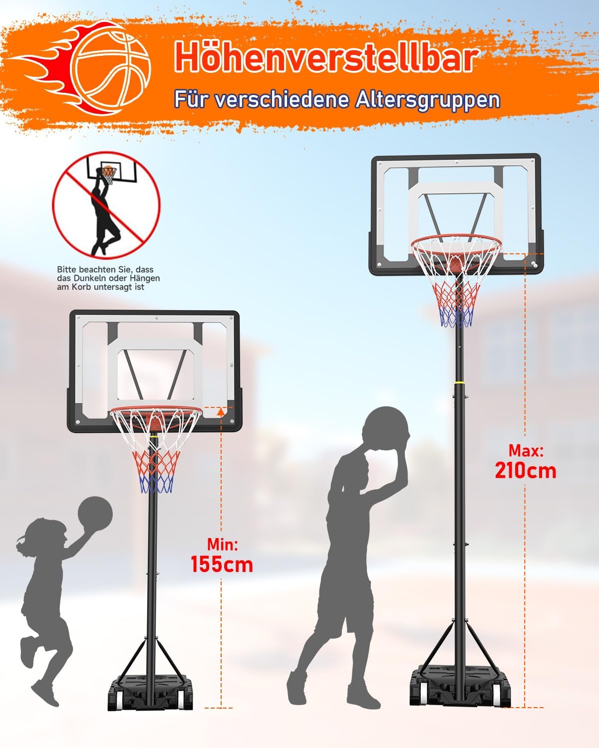 Thumbnail 4 de Outdoor Basketballkorb für Kinder & Jugendliche, 150–210 cm höhenverstellbar mit bruchsicherer 80×60 cm Rückwand