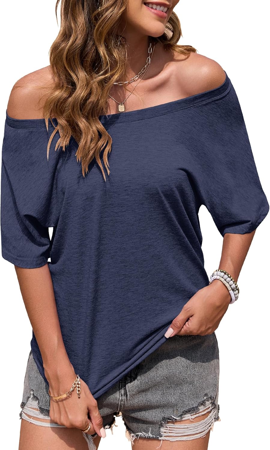 Thumbnail 3 de WNEEDU T-shirt donna manica corta estiva con scollo ampio, girocollo/top monospalla