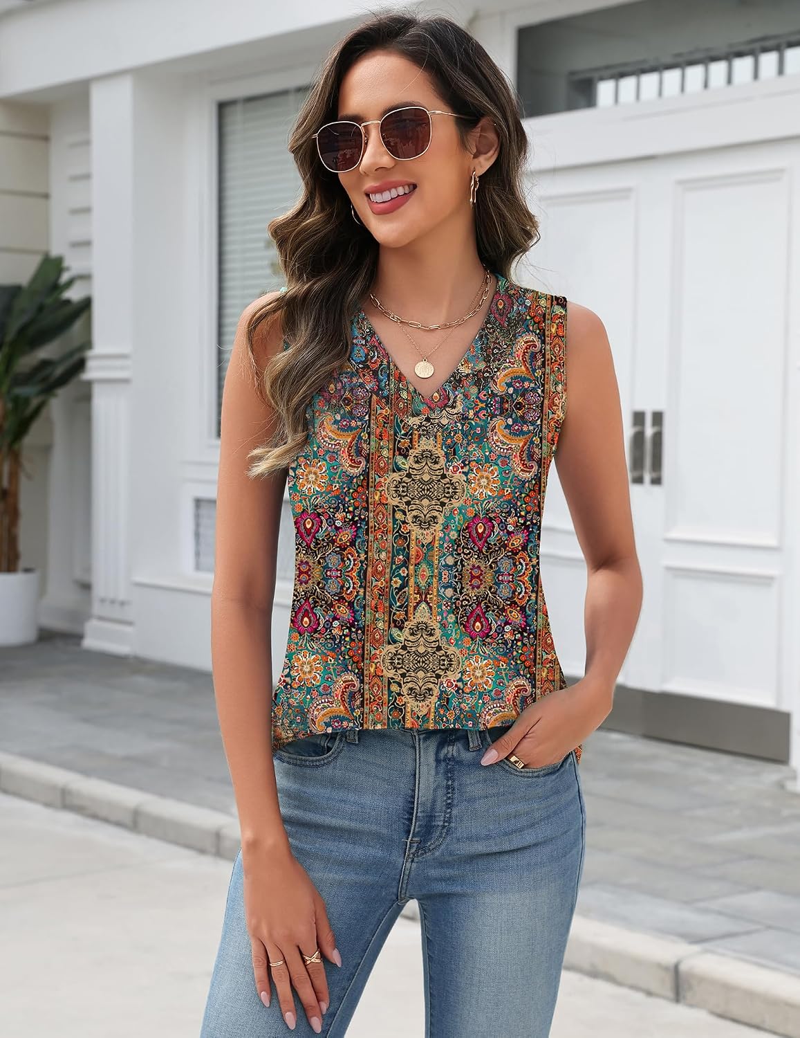 Detalle de Zeagoo Women's V-Neck Sleeveless Tank Top: Loose Fit, Lightweight & Dressy Casual