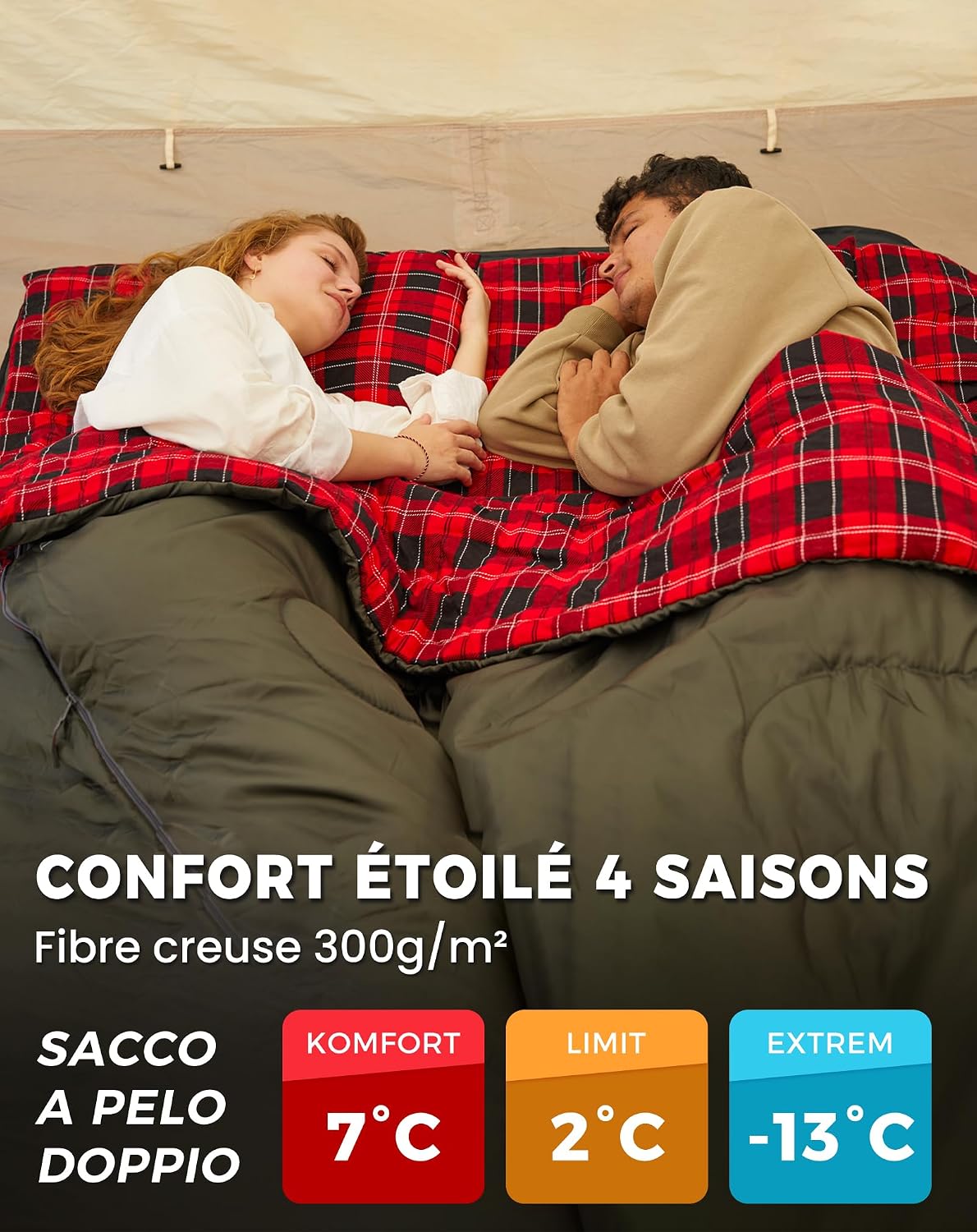 Detalle 2 de KingCamp Double Sac de couchage rectangulaire avec 2 oreillers (220 × 150 cm)