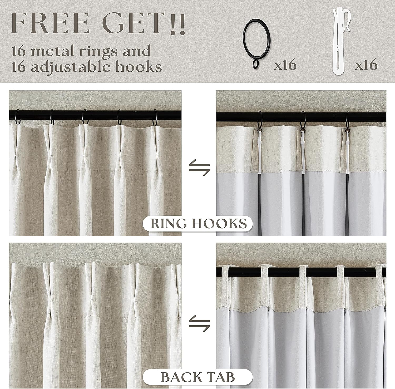 Thumbnail 5 de 90 Inch Pinch Pleated Linen Blackout Curtains 100% Blackout