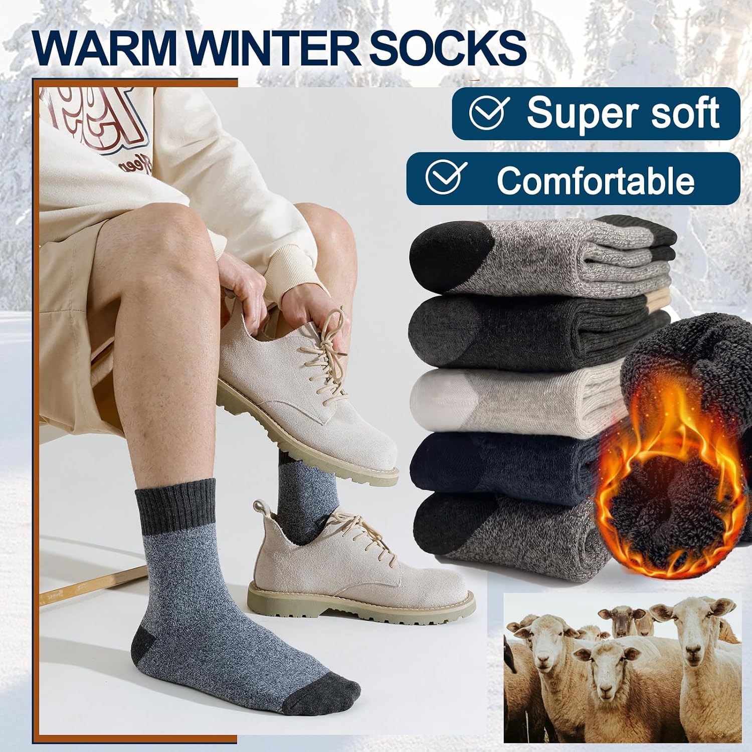 Detalle 2 de VoJoPi 5-Pair Men's Thermal Crew Socks, Wool-Polyester Blend