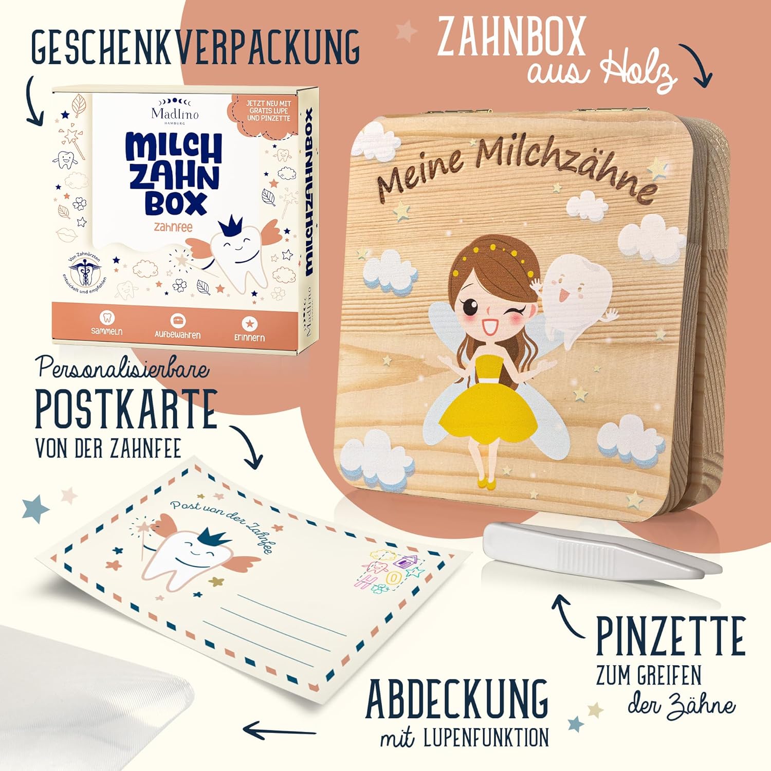Thumbnail 3 de Madlino Zahndose „Milchzähne“ für Mädchen & Jungen inkl. Zahnfee-Brief & Lupe – personalisiert aus Holz