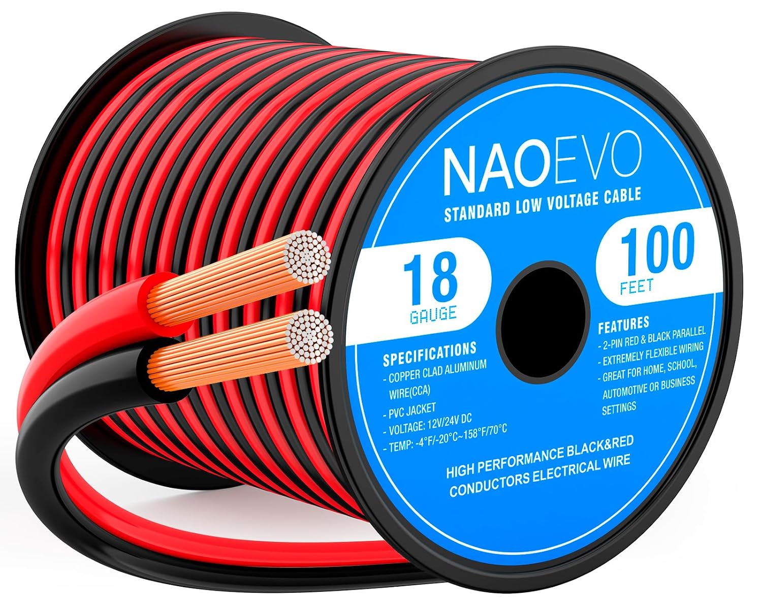 Detalle de NAOEVO 18 AWG 2-Conductor Electrical Wire, CCA, Red and Black, 100 ft