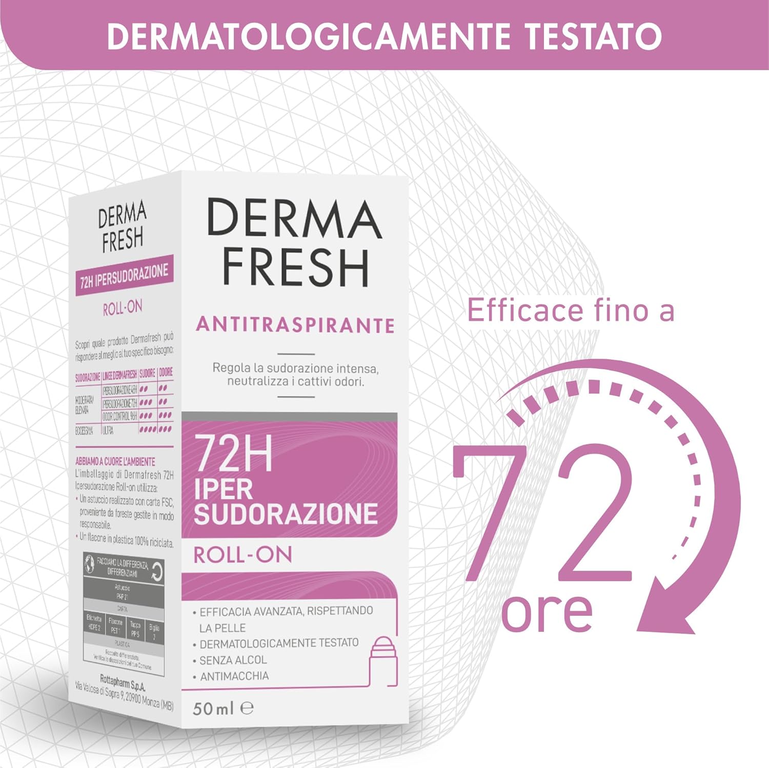 Detalle de Dermafresh Ipersudorazione Efficace 72H: Deodorante Antitraspirante Roll-On 50 ml, No Alcol, Dermatologicamente Testato