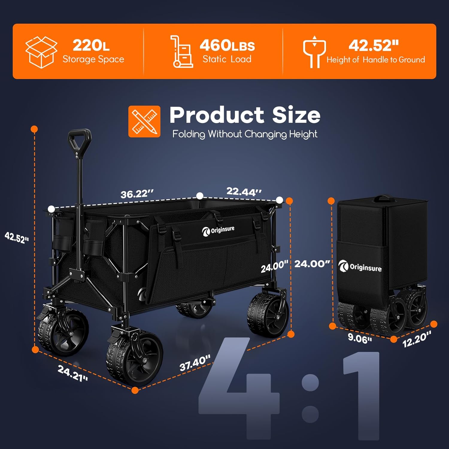 Detalle 2 de Originsure HQ3001 220L Folding Wagon Cart with 7-Inch All-Terrain Wheels