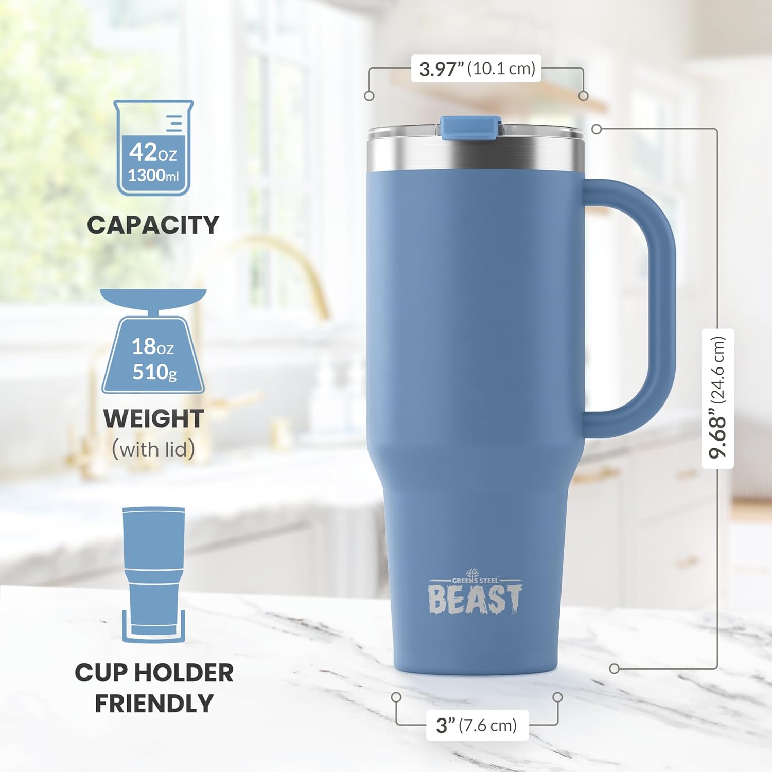 Detalle de Beast Tumbler with Handle - 1300 ml (42 oz), Stormy Sky – Premium Stainless Steel Vacuum Insulated Cup