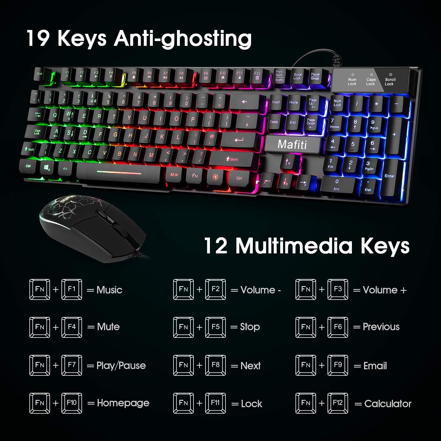 Thumbnail 2 de Mafiti Rainbow Backlit Gaming Keyboard and Mouse Set