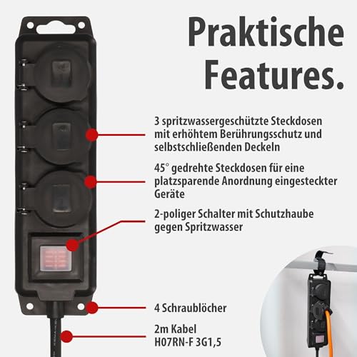 Detalle de Brennenstuhl Steckdosenverteiler IP44 3-Fach – Outdoor-Verteiler mit Schalter
