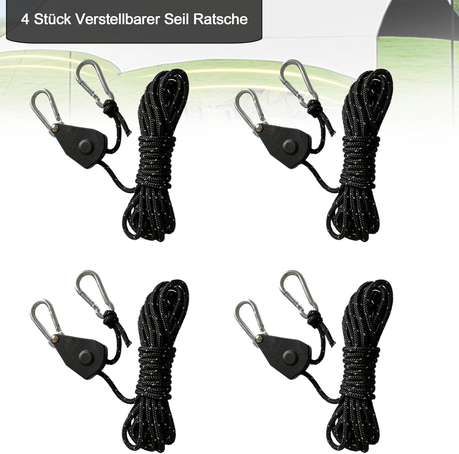 Thumbnail 1 de Lepidi 4er-Set verstellbare Seil-Ratsche (4 mm) mit Haken, Nylon schwarz reflektierend