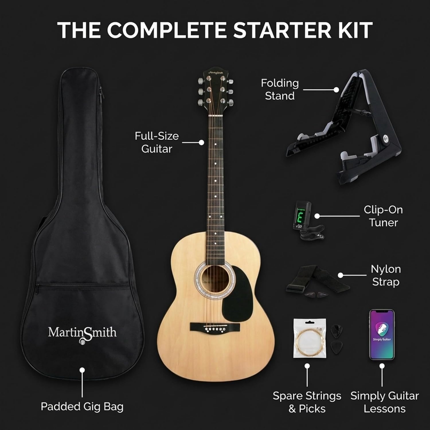 Detalle de Martin Smith Full Size Acoustic Guitar Starter Kit with Stand & Tuner