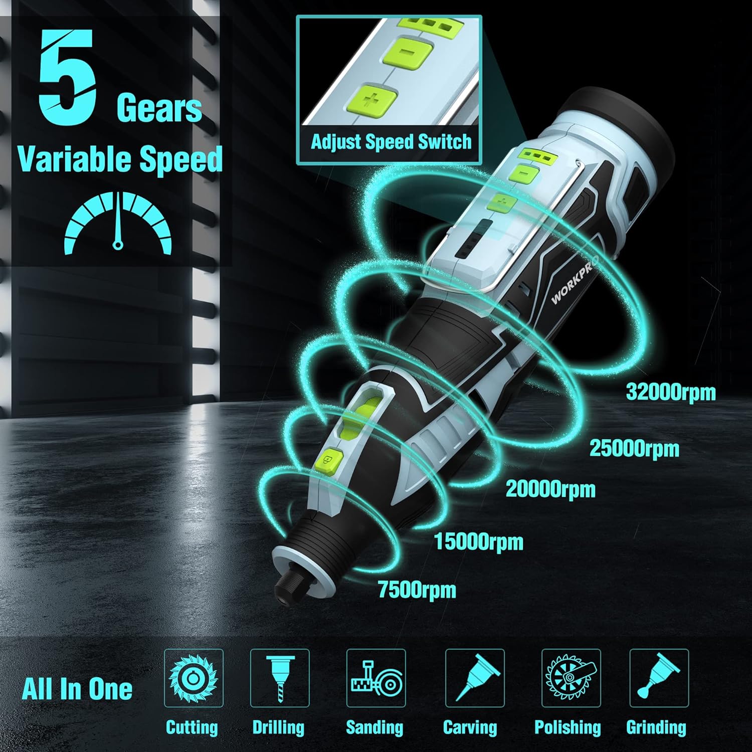 Detalle de WORKPRO Outil Rotatif Multifonction sans Fil 12 V avec 114 accessoires