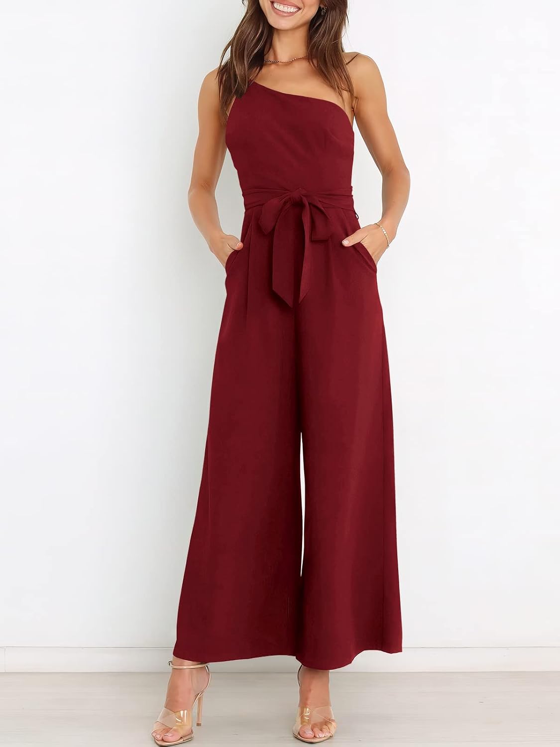 Thumbnail 4 de ANRABESS Women Summer Dressy Jumpsuits: One-Shoulder Sleeveless Wide-Leg Romper