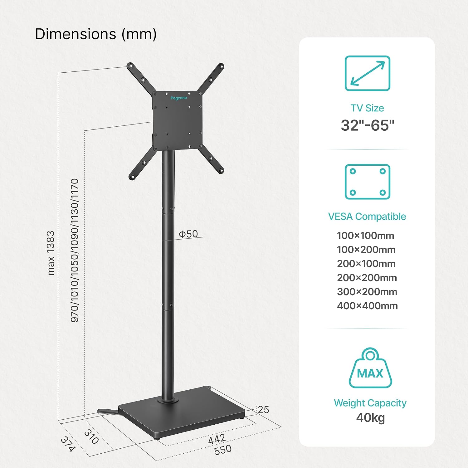 Thumbnail 6 de PEGZONE TV Stand for 32-65 Inch TVs – Swivelling Floor Stand with 90° Rotation and Height Adjust, 40 kg Load, 400 x 400 VESA