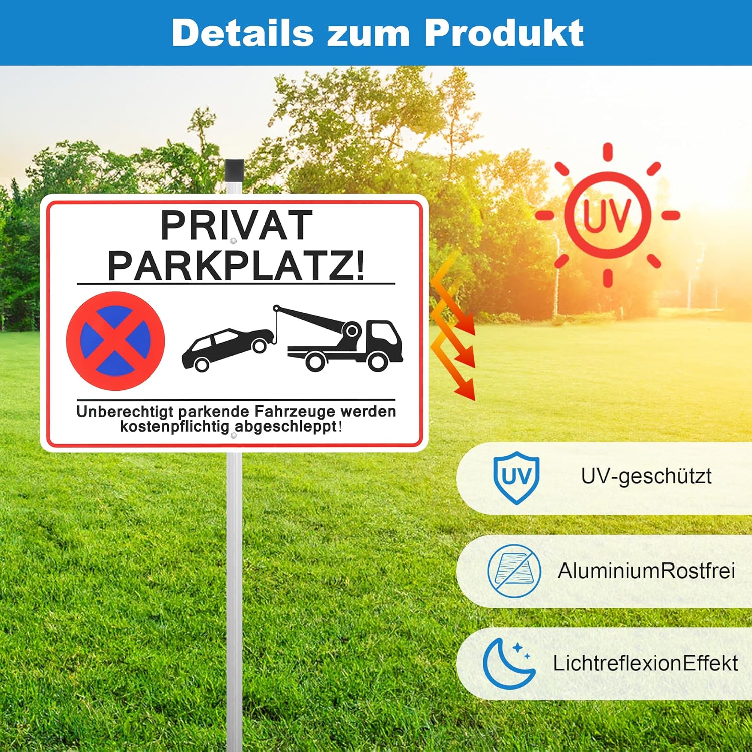 Thumbnail 3 de JIZZU Privatparkplatz Schild mit Pfosten, Aluminium 30x20 cm – „Parken verboten“ mit Hinweis auf Kostenpflicht und Abschleppen